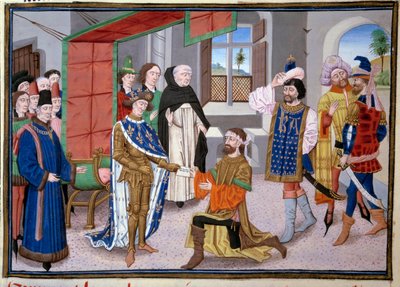 Hetedik keresztes hadjárat: Szent Lajos (vagy IX. Lajos) francia király (1214-1270) Nicosiában, Cipruson 1245 körül. Miniatűr Jean Fouquet (1420-1481) „Nagy krónikáiból”. Párizs, az Arzenál könyvtára alkotó: Jean Fouquet