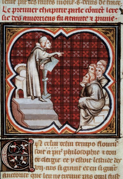Amaury de Chartres (vagy Amaury de Bene vagy Amalricus de Bene) francia filozófus és teológus (meghalt 1209-ben) tanítványai (az amauriciaiak) előtt. Miniatűr a Les Grandes Chronicles de France-ból”” Jean Fouquet (1420-1481) fényében alkotó: Jean Fouquet