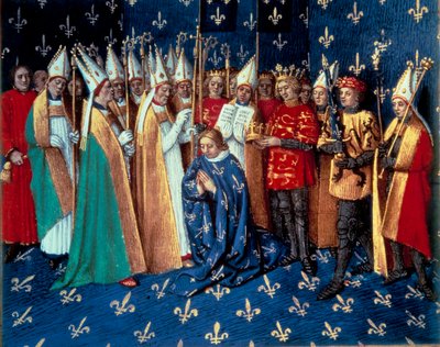 Philippe Auguste megkoronázása Reimsben 1179.11.1. Miniatűr Szent Denis krónikáiból”” Jean Fouquet (1420-1481) XV. Paris, B.N. alkotó: Jean Fouquet