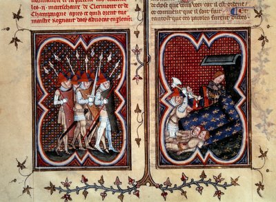 A marechaux Robert de Clermont és Jean de Conflanst Etienne Marcel (1315-1358) és emberei meggyilkolták Charles delfin (a jövő V. Károly) szobájában a Palais de la cite-ban február 22-én. alkotó: Jean Fouquet