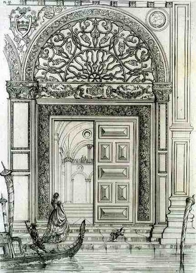 A velencei hercegi palota vízparti bejárata, a Delatre, Párizs által kiadott "Művészet és ipar" című kötetből. alkotó: Jean Francois (after) Albanis de Beaumont