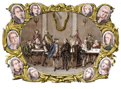 Párizs – A „Procope” kávézó a 18. században jobbról balra, a medálokban Georges Louis Leclerc, Comte de Buffon, Nicolas Joseph Florent Gilbert, Denis Diderot, Jean le Rond d