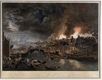 Granville a vendéiek által ostromlott lángokban, J. François Hue festménye alapján, c. 1800. alkotó: Jean-Francois Hue