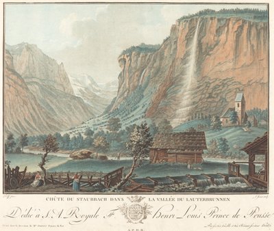 Staubbach-vízesés, a staubbachi Lauterbrunnen-völgyi vízesésben..., valószínűleg 1776-ban. alkotó: Jean Francois Janinet