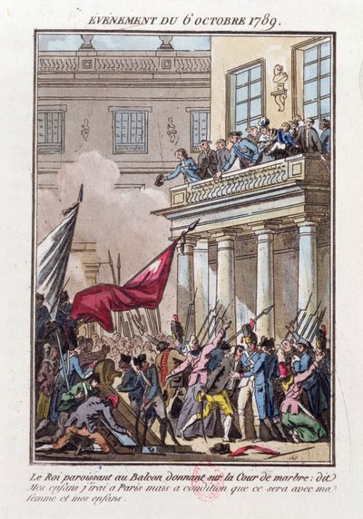 XVI. Lajos megjelent a versailles-i erkélyen 1789. október 6-án, hogy elmondja a párizsi tömegnek, hogy Párizsba megy azzal a feltétellel, hogy felesége és családja vele utazik. alkotó: Jean Francois Janinet
