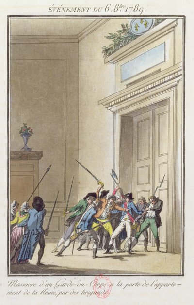 A párizsi tömeg megtámadja és megöli az őrt a versailles-i királynő lakásának bejáratánál 1789. október 6-án alkotó: Jean Francois Janinet
