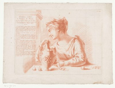 Címnyomat nővel és kannával Az emberi test részeit tartalmazó kompozíciók (sorozat címe) Huitième Cahier, a Principes de Dessin (a sorozat címe a tárgyon) alkotó: Jean Francois Janinet