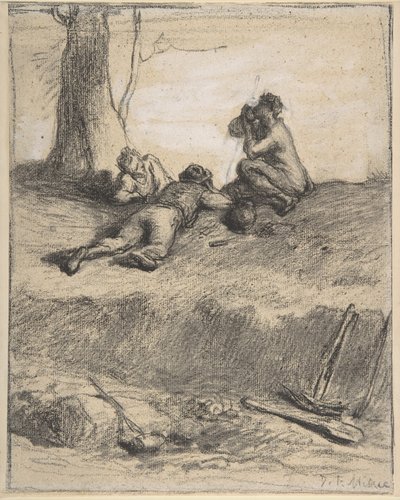 Útmunkások az ebédnél, 1850-52 körül (konte zsírkréta gouache-szal, fektetett papíron) alkotó: Jean Francois Millet