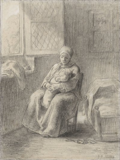 Ülő nő csecsemővel az ablak mellett, 1824-75 körül (kréta papíron) alkotó: Jean Francois Millet