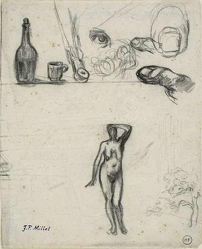 Vázlatlap: álló női akt, fa, csendélet, ujjak és szem alkotó: Jean Francois Millet