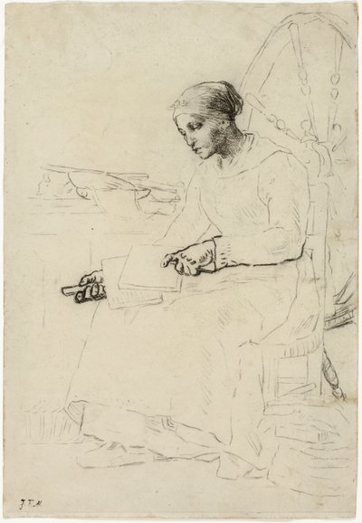 A gyapjúkártyás (recto); Töredékes vázlat a kerítés mellett álló emberről (verso) alkotó: Jean Francois Millet
