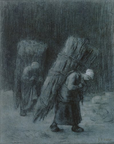 Nők, akik gallyakat cipelnek, 1858 körül (szén, fehér gouache-szal kiemelve, szénszegéllyel, nehéz, szürkéskék papíron) alkotó: Jean Francois Millet