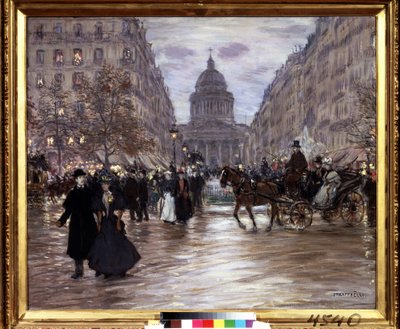 ""Boulevard Saint Michel"" Kilátás a rue Soufflot-ra és a Pantheonra a Luxembourg-kertről és a párizsi Saint-Michel körútról, taxik és elegáns párok élénkítik az utcát az esti órákban. Jean Francois Raffaelli festménye (18 alkotó: Jean Francois Raffaelli