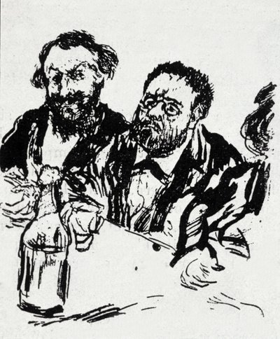 Edouard Manet festő (1832-1883) és Emile Zola író (1840-1902) az asztalnál Jean Francois Raffaelli (1850-1924) karikatúrája alkotó: Jean Francois Raffaelli