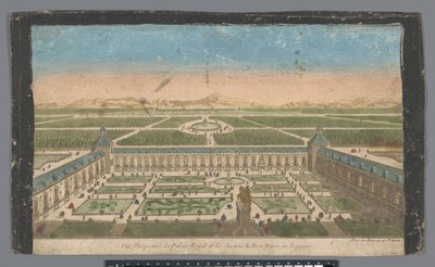 Kilátás a kertre és a Palacio del Buen Retiro épületére Madridban Vüe ​​​​perspective du Palais Royal et des Jardins du Buen Retiro, en Espagne (cím a tárgyon) alkotó: Jean François Daumont
