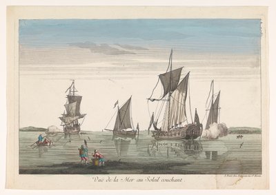 Tengeri táj hajókkal és csónakokkal naplementekor Vue de la mer au soleil couchant (cím a tárgyon) alkotó: Jean François Daumont
