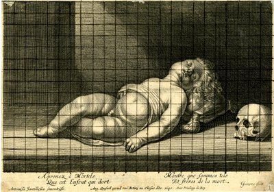 Jean Ganière - Alvó gyermek, a feje egy párnán nyugszik; jobbra koponya. 1640 alkotó: Jean Ganière