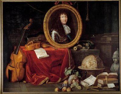 XIV. Lajos francia király (1638-1715), a művészetek és tudományok védelmezőjének portréja A király portréját hangszerek (viola de gamba, hegedűgitár) és tudományos hangszerek (négyzet, égi földgömb, iránytű) veszik körül. Jean Ga festménye alkotó: Jean Garnier