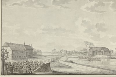 A poroszok támadása Van Brush ezredes vezetésével a Duivendrecht hídon, 1787. október 1. alkotó: Jean George Teissier (signed by artist)