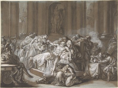 Seneca halála (toll és fekete tinta, ecset és barna mosás, fehér gouache-val kiemelve kék papíron) alkotó: Jean Guillaume Moitte