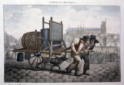 Egykori utcai metró Párizsban: fürdő otthon (két férfi húzza a szekeret vízzel töltött hordóval). Jean Henry Marlet (1771-1847) metszete a „Les Tableaux de Paris”-ban, 72 nyomtatványból álló sorozat, 19. század vége. alkotó: Jean Henri Marlet