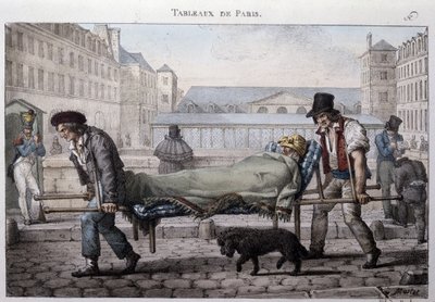Egykori párizsi utcai vendéglátás: a szegény beteg hordágyon vezeti be a kórházba. Jean Henry Marlet (1771-1847) metszete a „Les Tableaux de Paris”-ban, 72 nyomtatványból álló sorozat, 19. század vége. alkotó: Jean Henri Marlet