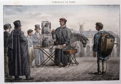 Egykori párizsi utcai metró: a patkányhalál kereskedő (camelot). Jean Henry Marlet (1771-1847) metszete a „Les Tableaux de Paris”-ban, 72 nyomtatványból álló sorozat, 19. század vége. alkotó: Jean Henri Marlet