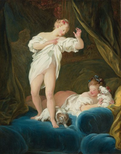Két lány egy ágyon játszik a kutyáikkal alkotó: Jean Honore Fragonard
