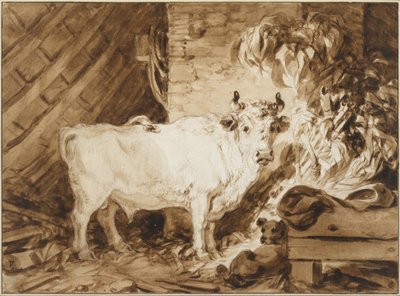Fehér bika és kutya az istállóban alkotó: Jean Honore Fragonard