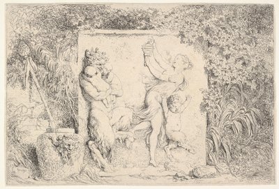 Egy dombormű, amely bal oldalt egy szatírt ábrázol, két csecsemőt tartva, jobbra egy másik szatírt..., 1763. alkotó: Jean Honore Fragonard