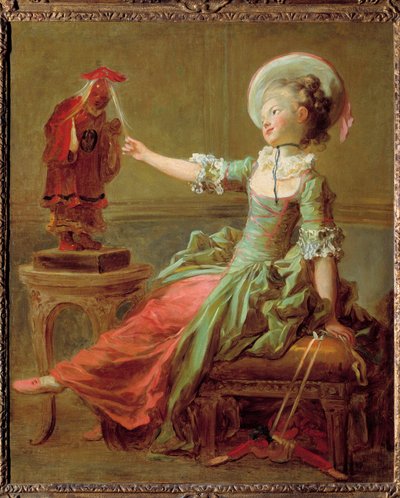 Egy fiatal lány a haját húzó kínai szoborral szórakozik. Jean Honore Fragonard (1732-1806) festménye 18. századi magángyűjtemény alkotó: Jean Honore Fragonard