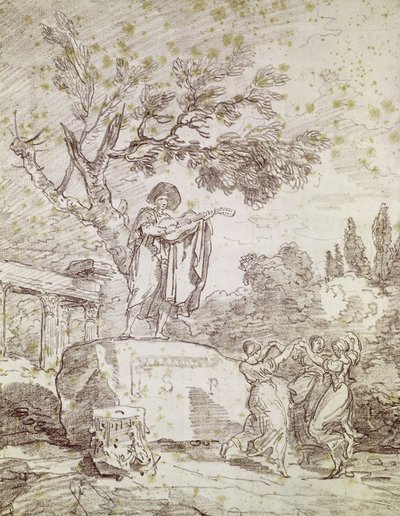 Egy olasz gitáros három táncoló lánynak játszik (piros kréta papíron) alkotó: Jean Honore Fragonard