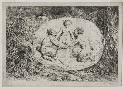 Bacchanales: Két szatír által támogatott nimfa, 1763. alkotó: Jean Honore Fragonard