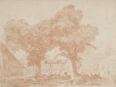 Tanyaudvar két fával, közöttük létrák alkotó: Jean Honore Fragonard
