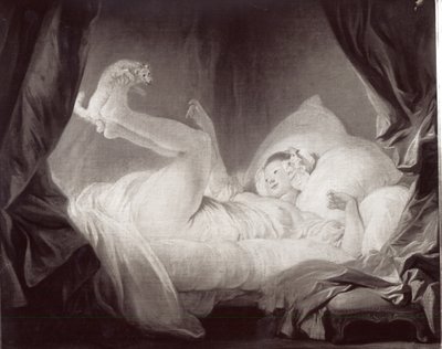 La Gimblette vagy Fiatal lány, aki a kutyáját táncolja az ágyán (olaj, vászon) (f/w fotó) alkotó: Jean Honore Fragonard