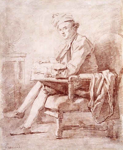 Joseph-Jerome Le Francais de Lalande portréja, egész alakos, ülve, profilban balra, kezében egy könyvvel, bal oldalon egy asztalon nyugvó földgömb, alkotó: Jean Honore Fragonard