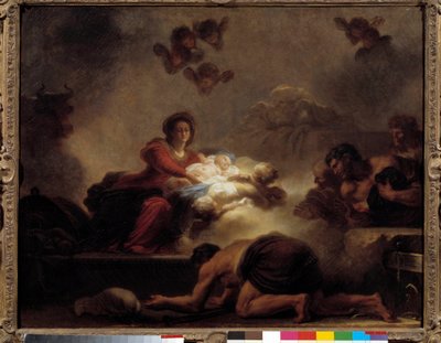 Jean-Honore Fragonard (1732-1806) A pásztorok imádása című festménye. 18. század. Homályos. 0,73x0,93 m. alkotó: Jean Honore Fragonard