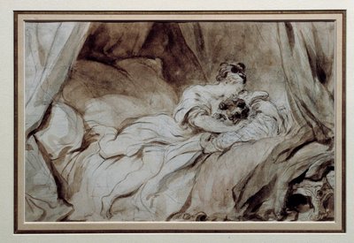 A boldog pillanat Egy pár simogatja egymást az ágyban. Jean Honore Fragonard (1732-1806) rajza a Bistre Wash-ben, 18. századi magángyűjtemény alkotó: Jean Honore Fragonard