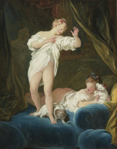 Két lány egy ágyon játszik a kutyájával alkotó: Jean Honore Fragonard