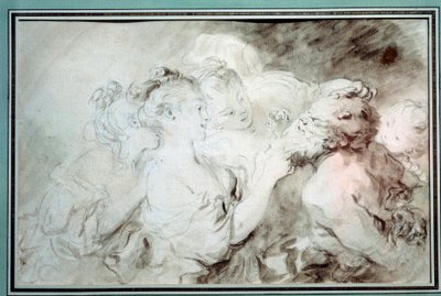Fiatal lányok birkózó szatírával Fiatal nők szórakoznak szatíra szakállal. Jean Honore Fragonard (1732-1806) rajza a Bistre Wash-ben, 18. századi magángyűjtemény alkotó: Jean Honore Fragonard