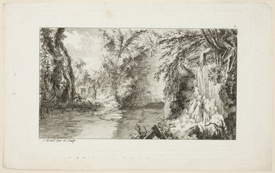 Tájkép sétálóval és vízeséssel, 5. tábla a Livre de paysages (Tájképek könyve) második sorozatából. alkotó: Jean Hoüel