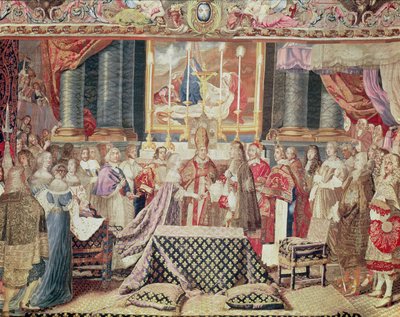 A király házassága (XIV. Lajos), Lebrun rajzfilmjének „A király története” című művéből, Gobelins gobelinszőnyeg, magas láncfonalakú szövőszéken (gyapjú, selyem és arany) szőve alkotó: Jean II Jans