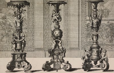 Nagy bronz gyertyatartók, Jean Berain (1640-1711) metszete a L