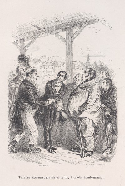 Minden szavazó, kicsik és nagyok, összegyűlnek, hogy alázatosan rábeszéljék egymást... az 1843-as... kis nyomorúságaiból. alkotó: Jean Ignace Isidore Gérard
