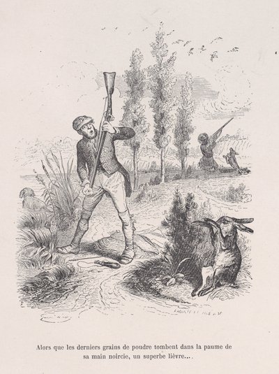 Ahogy az utolsó porszemek is belehullanak megfeketedett tenyerébe, egy remek nyúl... fr..., 1843. alkotó: Jean Ignace Isidore Gérard
