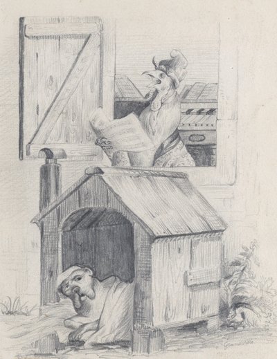 Kutya kutyaólban, kakas énekel az ablakban, kb. 1842. alkotó: Jean Ignace Isidore Gérard