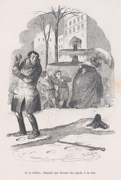 Felkel, tetőtől talpig hó borítja. Az emberi élet kis nyomorúságaiból, 1843. alkotó: Jean Ignace Isidore Gérard