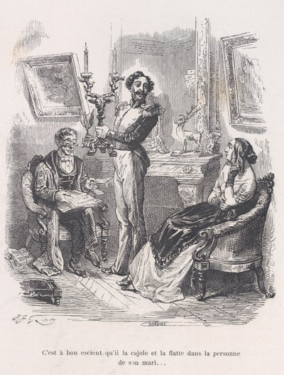 Még jó, hogy rábeszéli és hízeleg a férje előtt. a Kis Miseri...-ből, 1843. alkotó: Jean Ignace Isidore Gérard