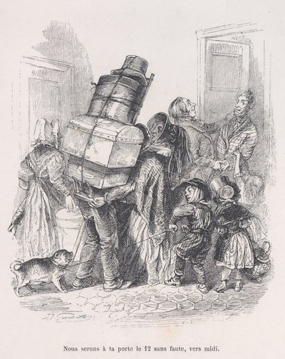 Délben biztosan az ajtódnál leszünk. Az emberi élet kis nyomorúságaiból, 1843. alkotó: Jean Ignace Isidore Gérard