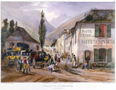 Stagecoach érkezése és javítása Luzba a Barreges felé vezető úton, 1840 körül alkotó: Jean Jacottet
